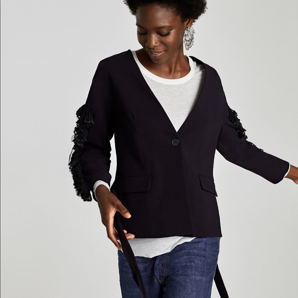 V neck Jacket with Laces Trim Ruffles with Belt